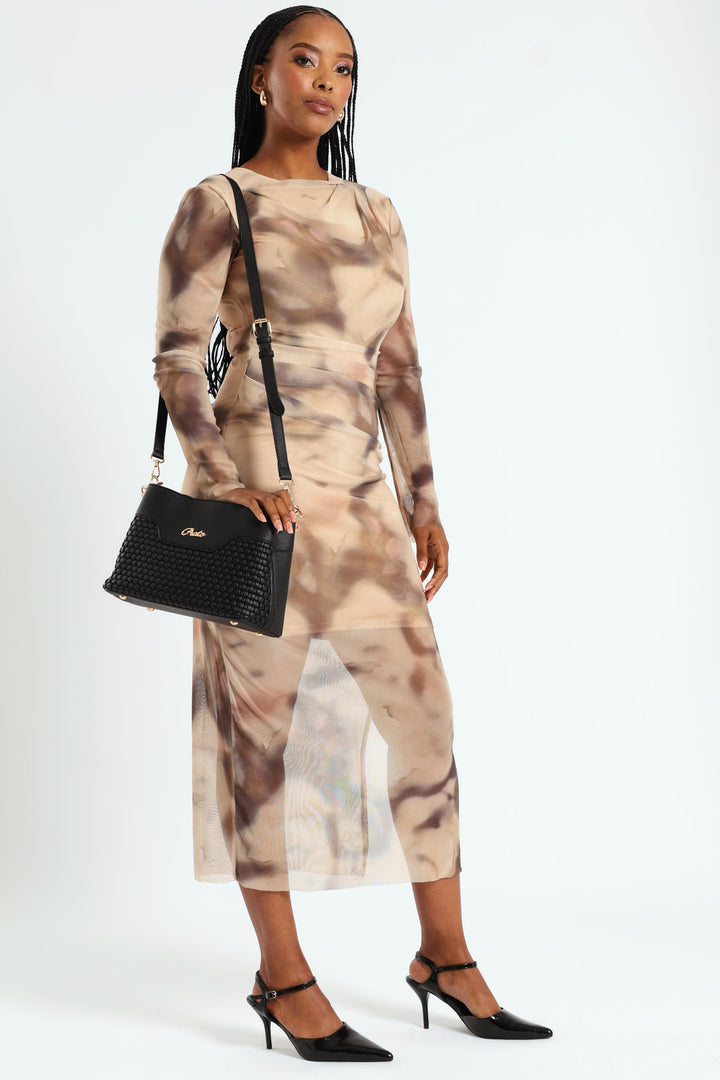 Woven Top Handle Bucket Bag - Black