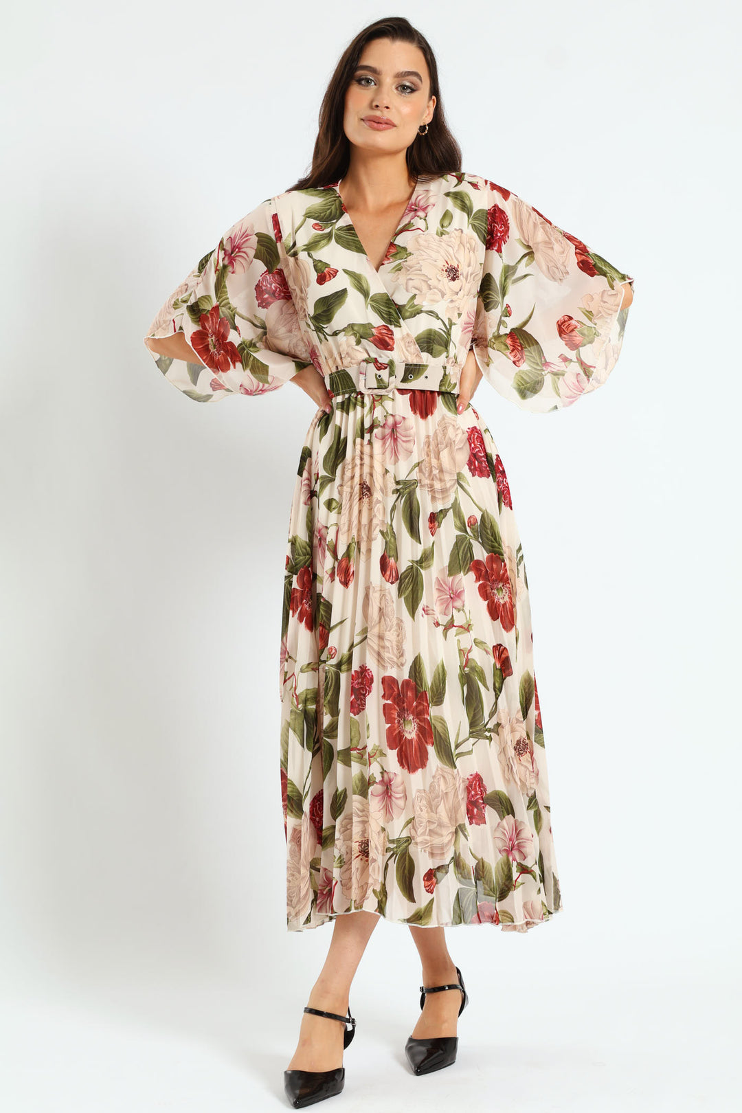 Wrap Flutter Sleeve Pleated Maxi Dress - Cream