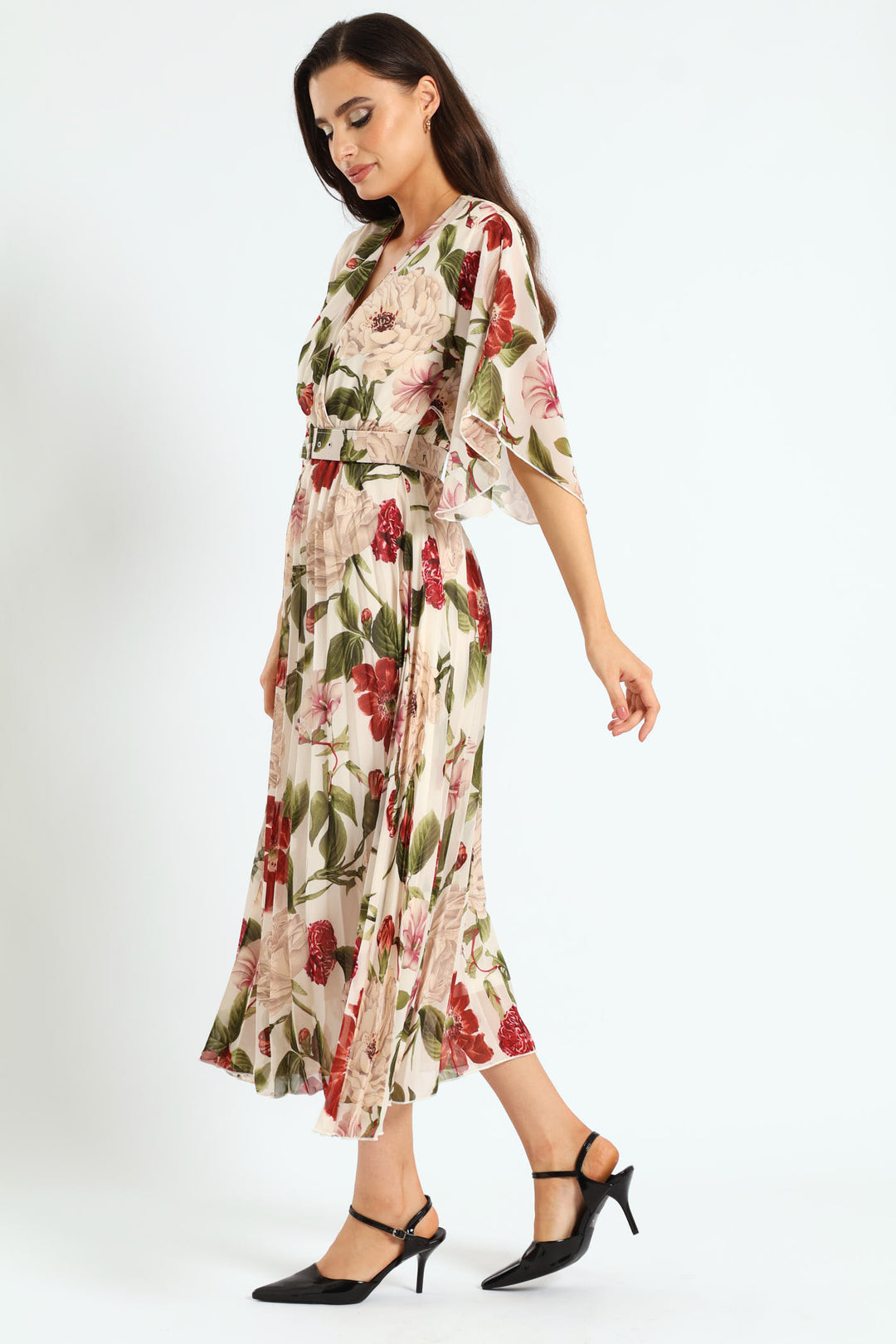 Wrap Flutter Sleeve Pleated Maxi Dress - Cream