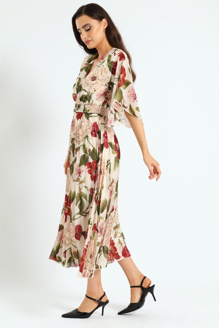 Wrap Flutter Sleeve Pleated Maxi Dress - Cream