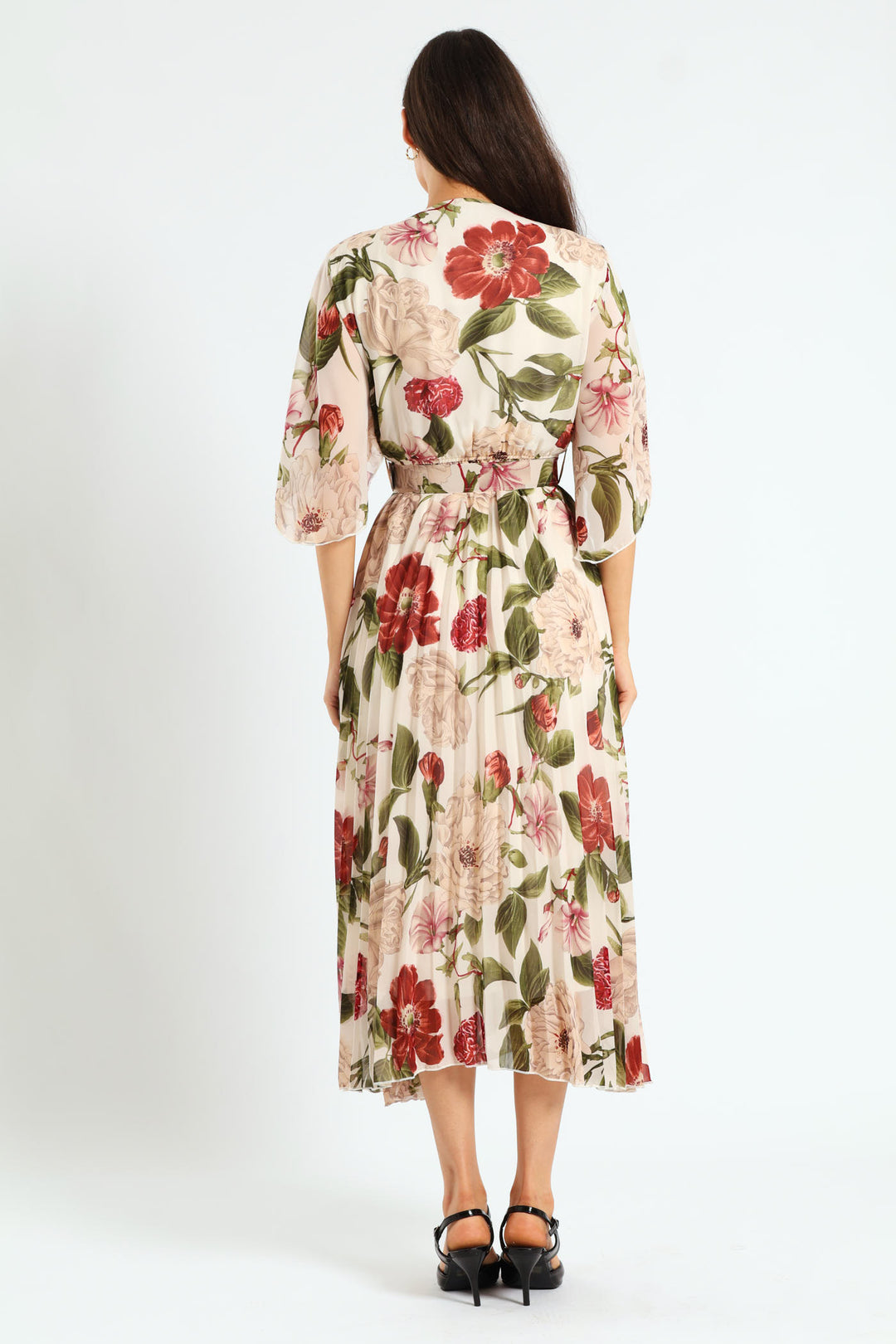 Wrap Flutter Sleeve Pleated Maxi Dress - Cream