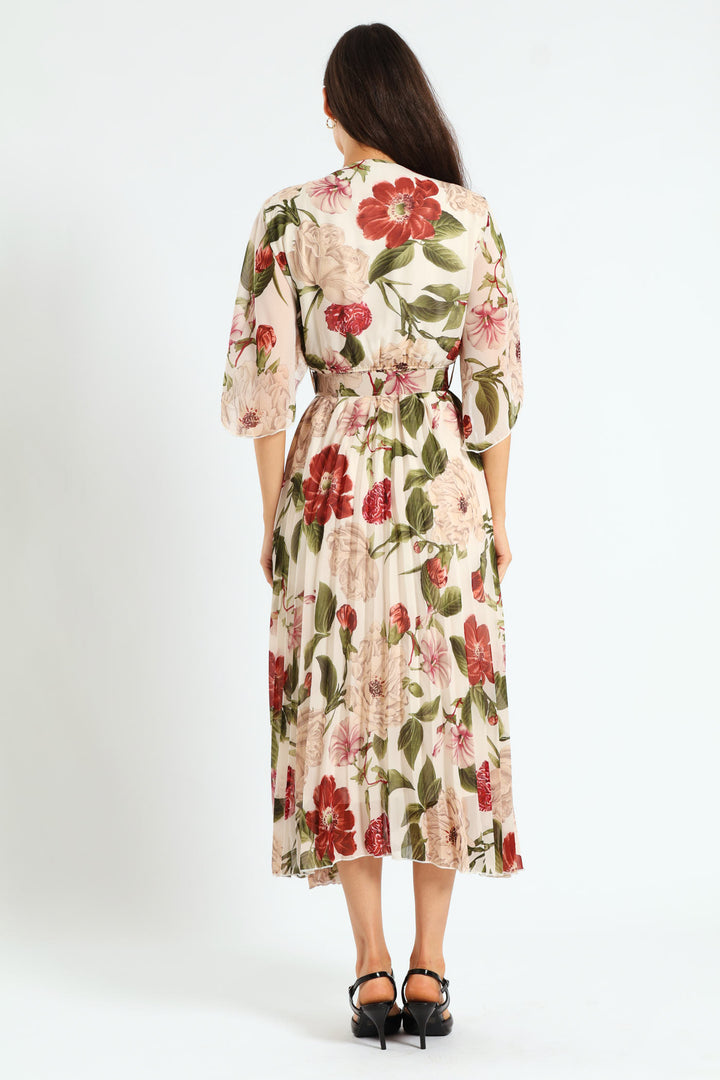 Wrap Flutter Sleeve Pleated Maxi Dress - Cream