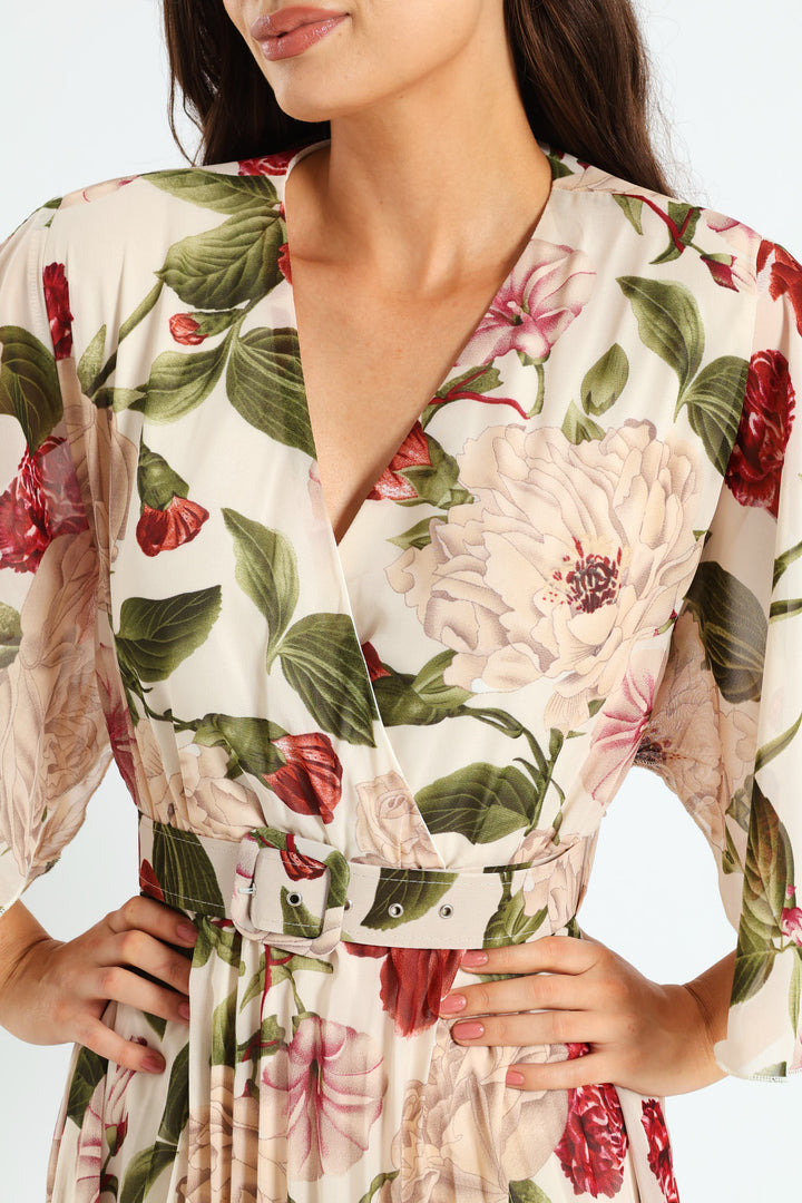 Wrap Flutter Sleeve Pleated Maxi Dress - Cream