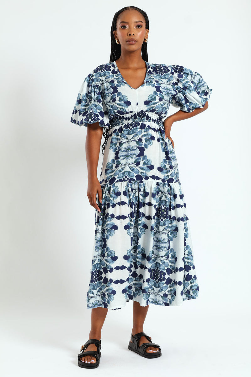 Bubble Sleeve V-Neck Tiered Midi Dress - White/Blue