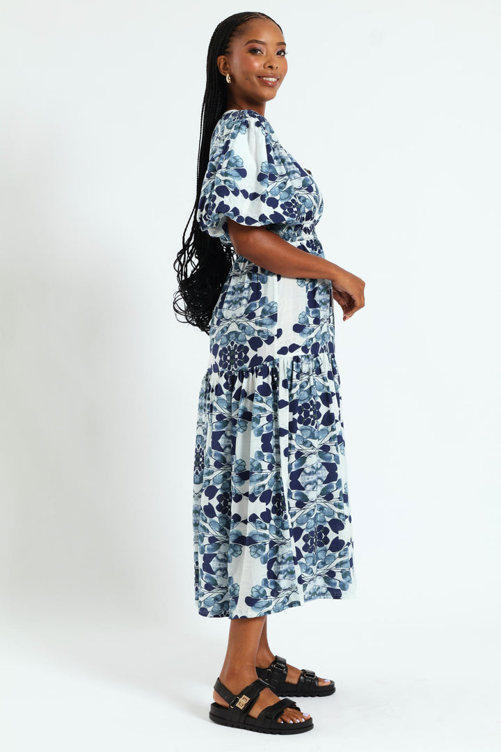 Bubble Sleeve V-Neck Tiered Midi Dress - White/Blue