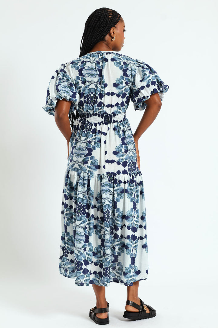 Bubble Sleeve V-Neck Tiered Midi Dress - White/Blue