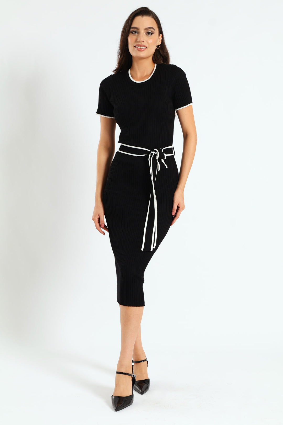 Belted Tipped Knitwear Maxi Dress - Black