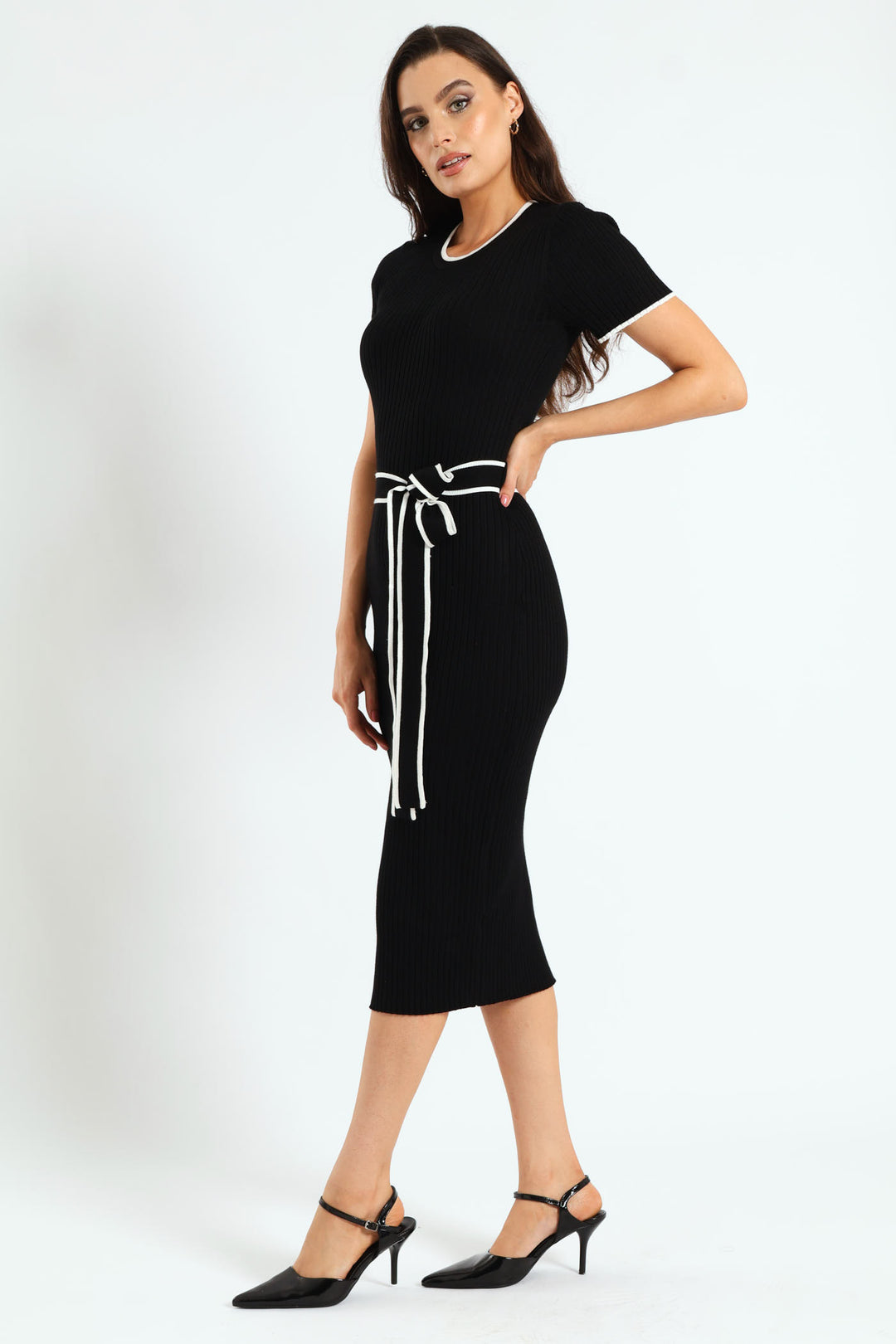 Belted Tipped Knitwear Maxi Dress - Black