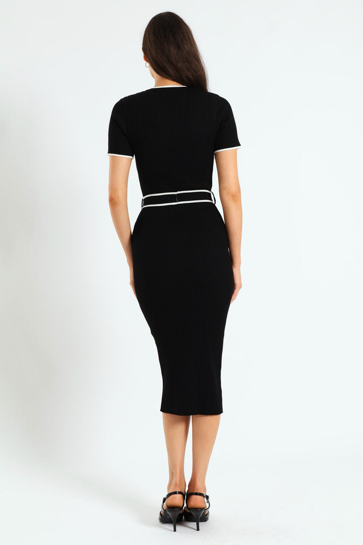 Belted Tipped Knitwear Maxi Dress - Black