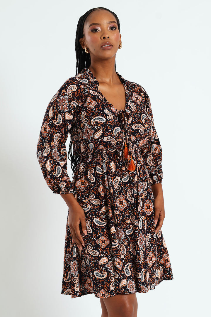 3/4 Sleeve Shirred Waist Mini Dress With Tassle - Navy