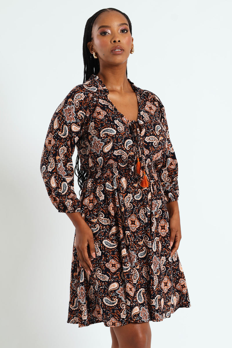 3/4 Sleeve Shirred Waist Mini Dress With Tassle - Navy