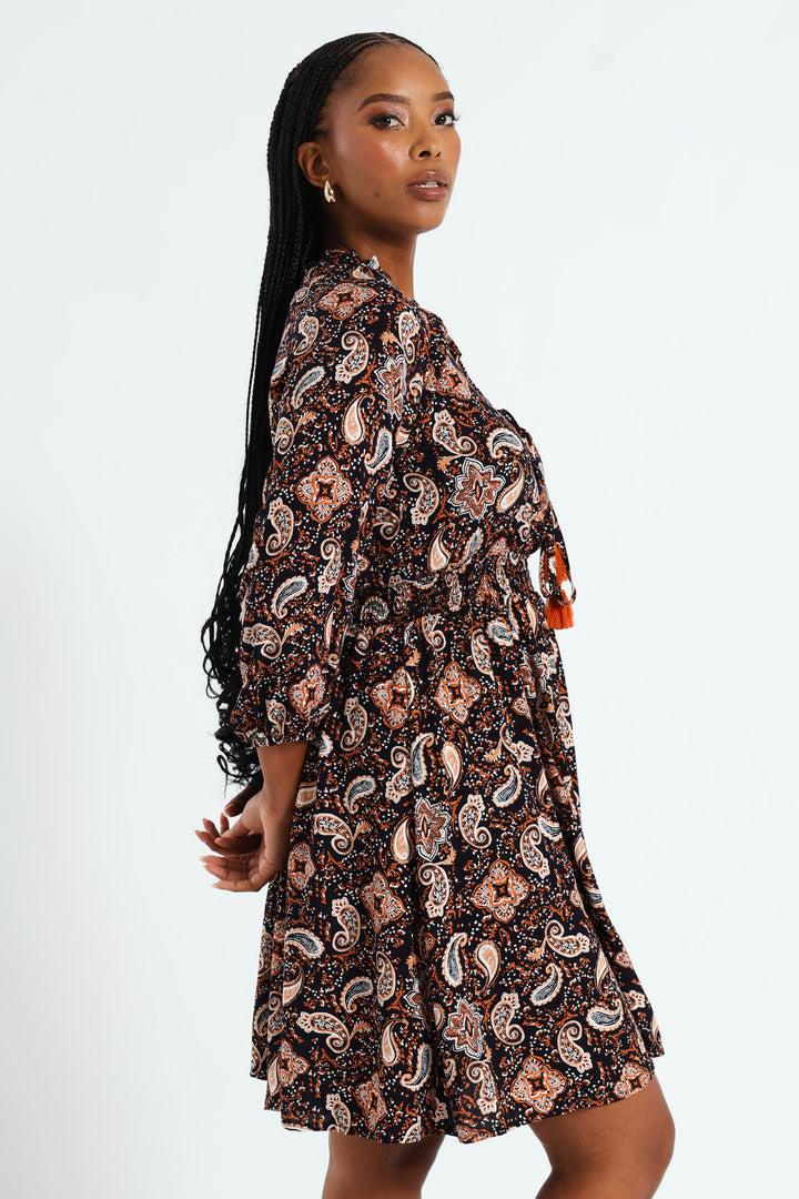 3/4 Sleeve Shirred Waist Mini Dress With Tassle - Navy