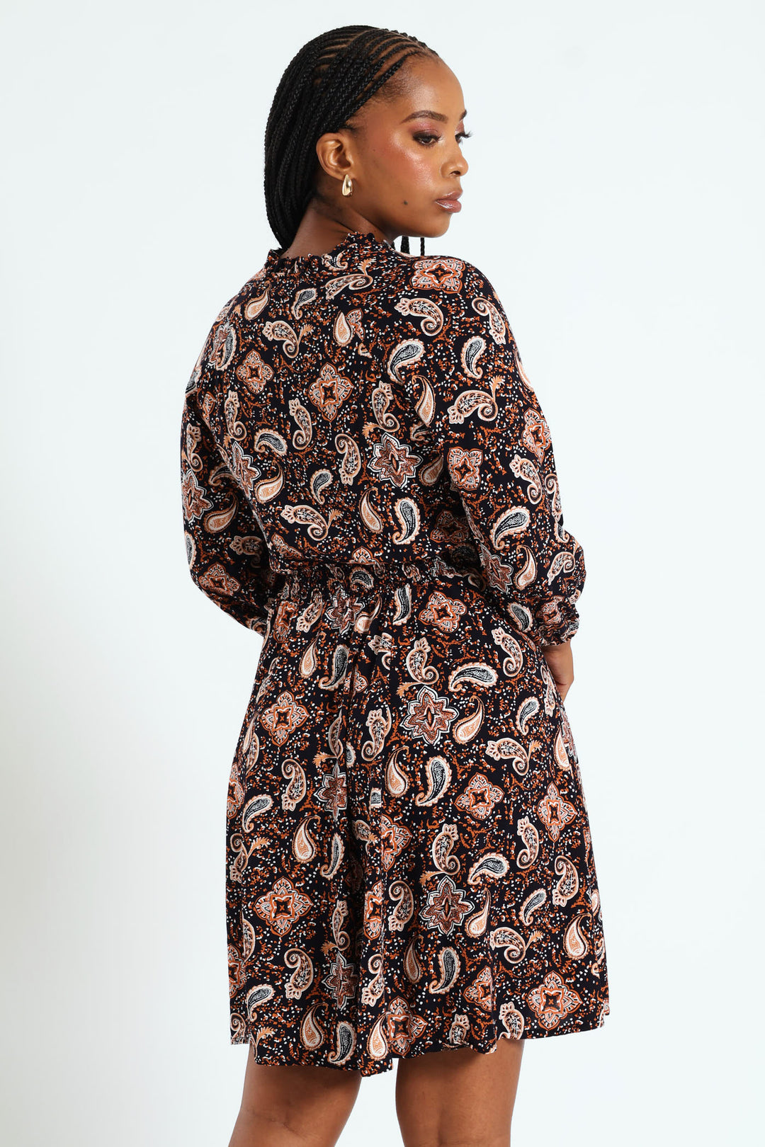 3/4 Sleeve Shirred Waist Mini Dress With Tassle - Navy