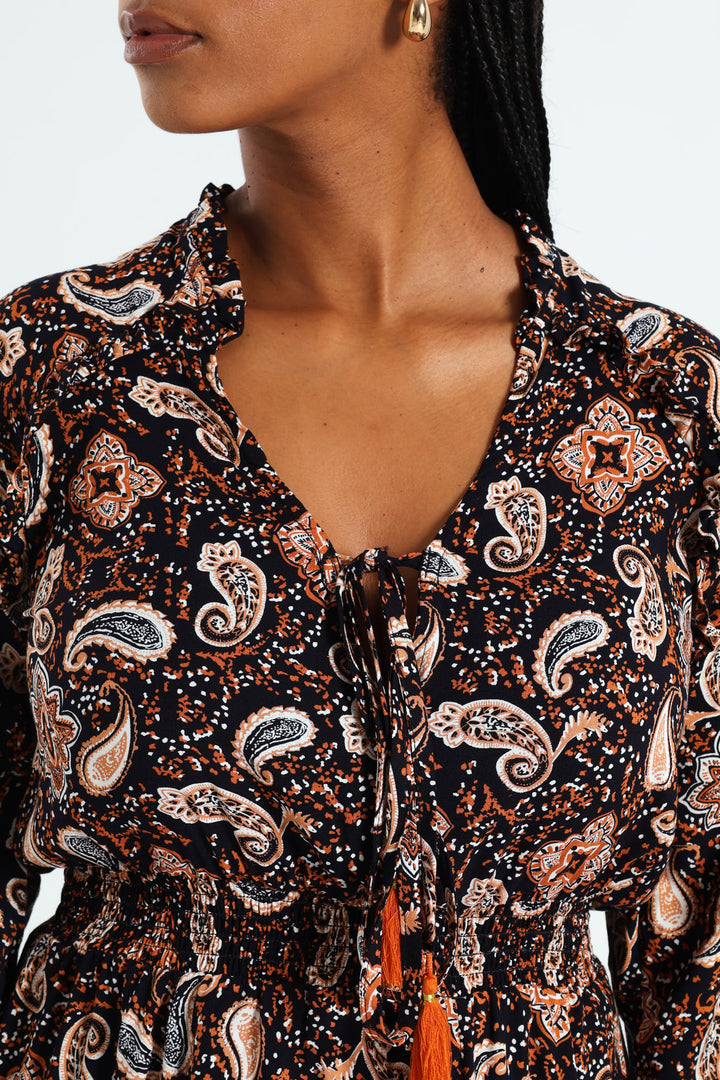 3/4 Sleeve Shirred Waist Mini Dress With Tassle - Navy