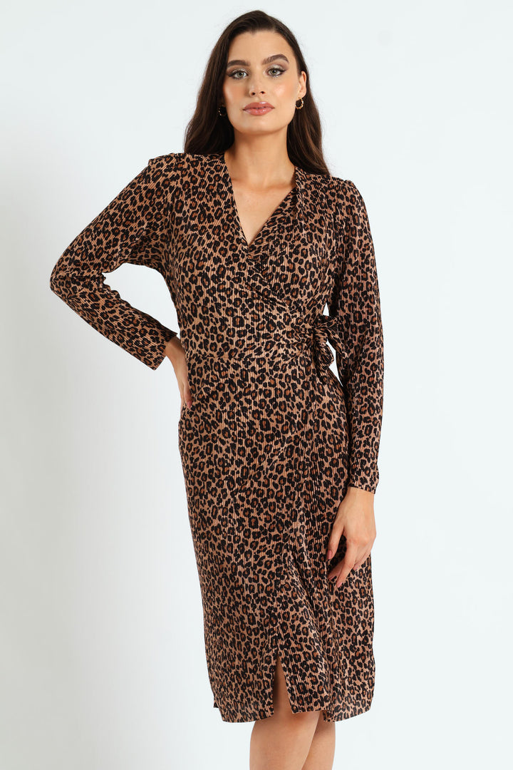 Wrap Plisse Midi Dress - Animal Print