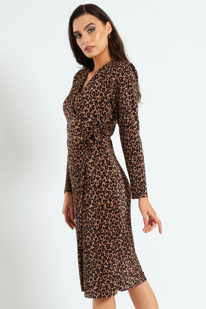Wrap Plisse Midi Dress - Animal Print