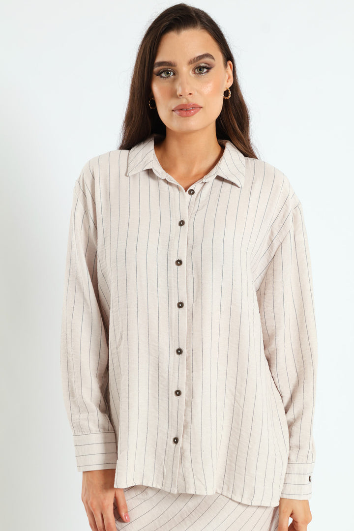 Long Sleeve Vertical Stripe Linen Shirt - Cream/Black