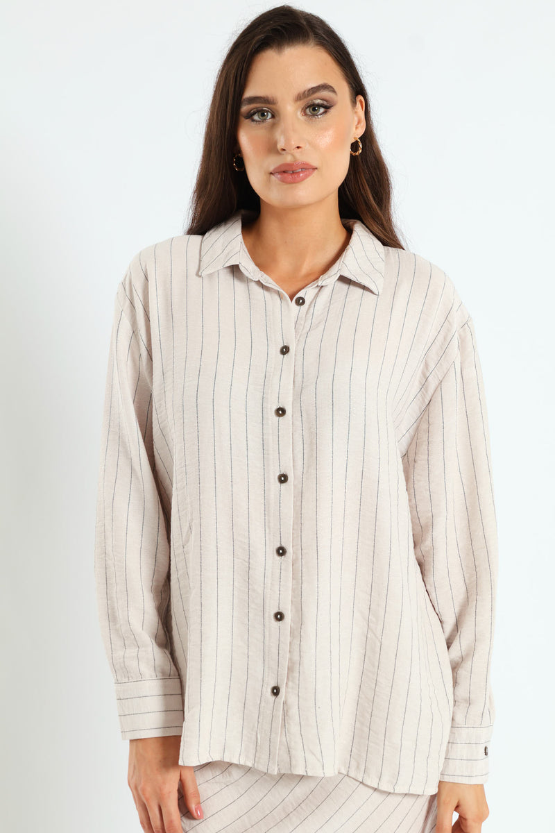 Long Sleeve Vertical Stripe Linen Shirt - Cream/Black
