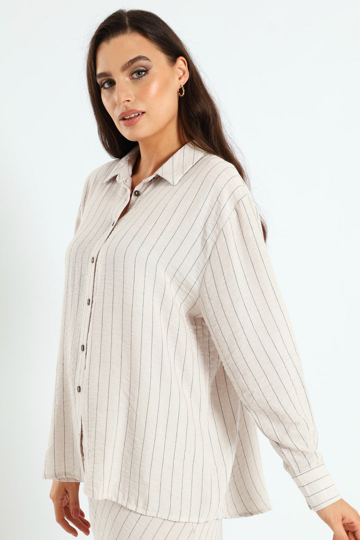 Long Sleeve Vertical Stripe Linen Shirt - Cream/Black