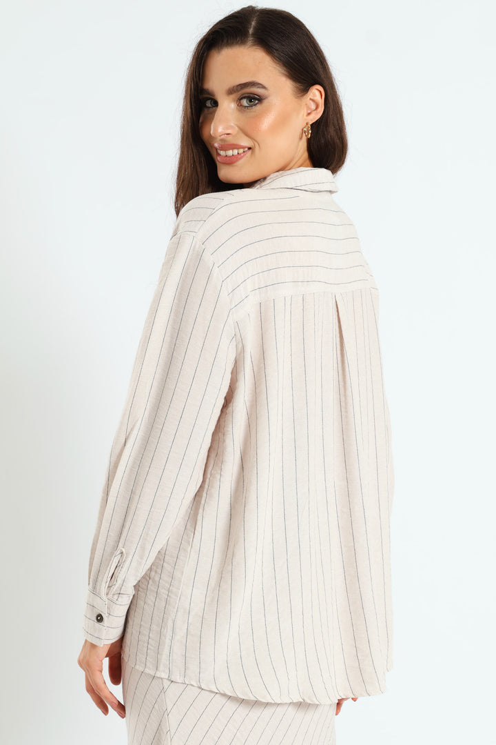 Long Sleeve Vertical Stripe Linen Shirt - Cream/Black