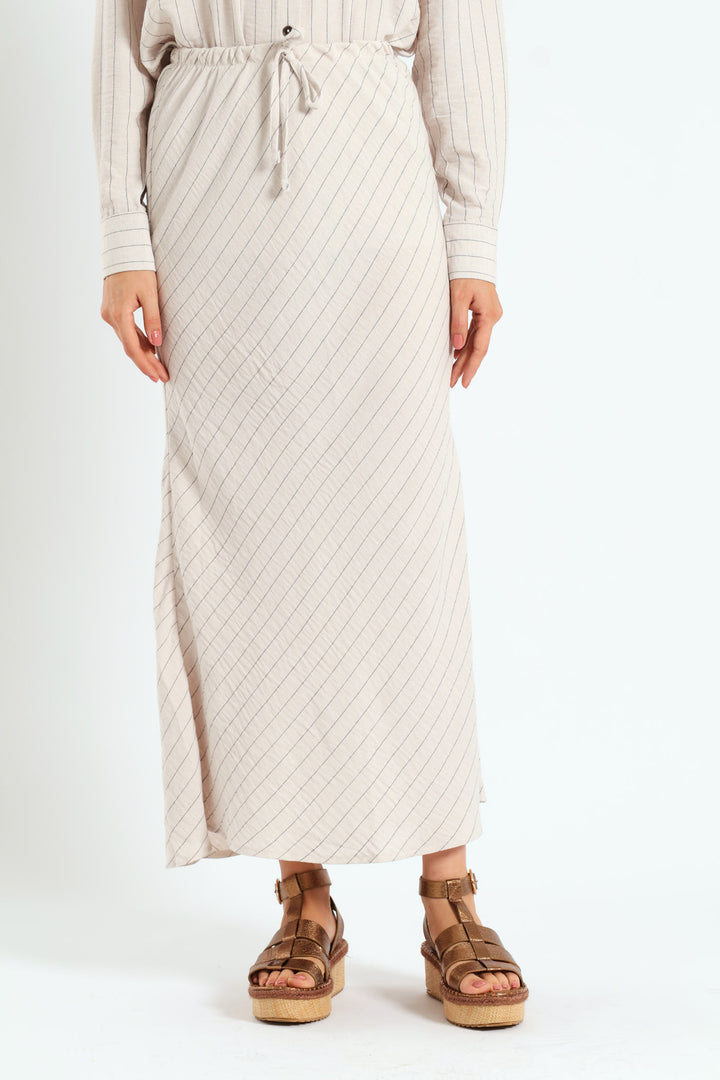 Bias Cut Diagonal Stripe Linen Midi Skirt - Cream/Black