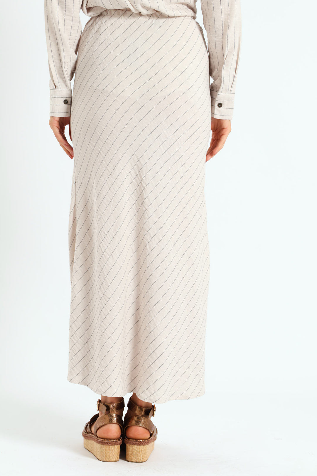 Bias Cut Diagonal Stripe Linen Midi Skirt - Cream/Black