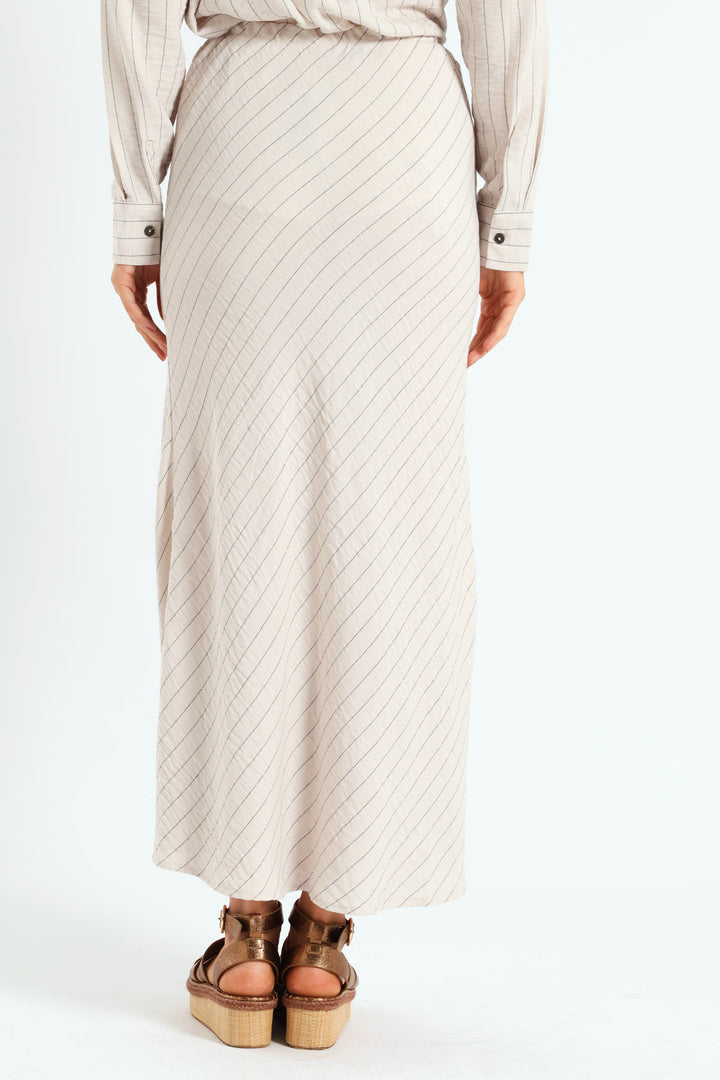 Bias Cut Diagonal Stripe Linen Midi Skirt - Cream/Black