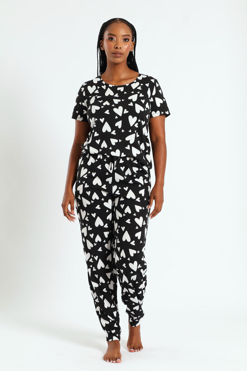 Knit Hearts Top & Pants Set - Black/White