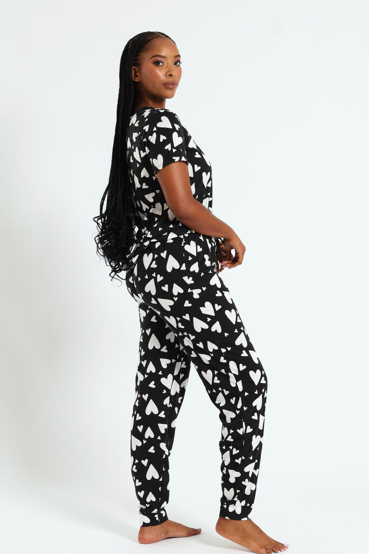 Knit Hearts Top & Pants Set - Black/White