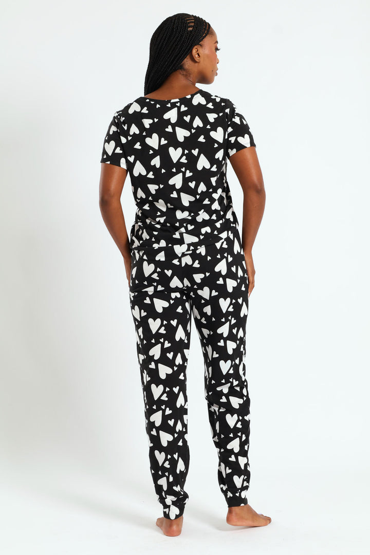 Knit Hearts Top & Pants Set - Black/White