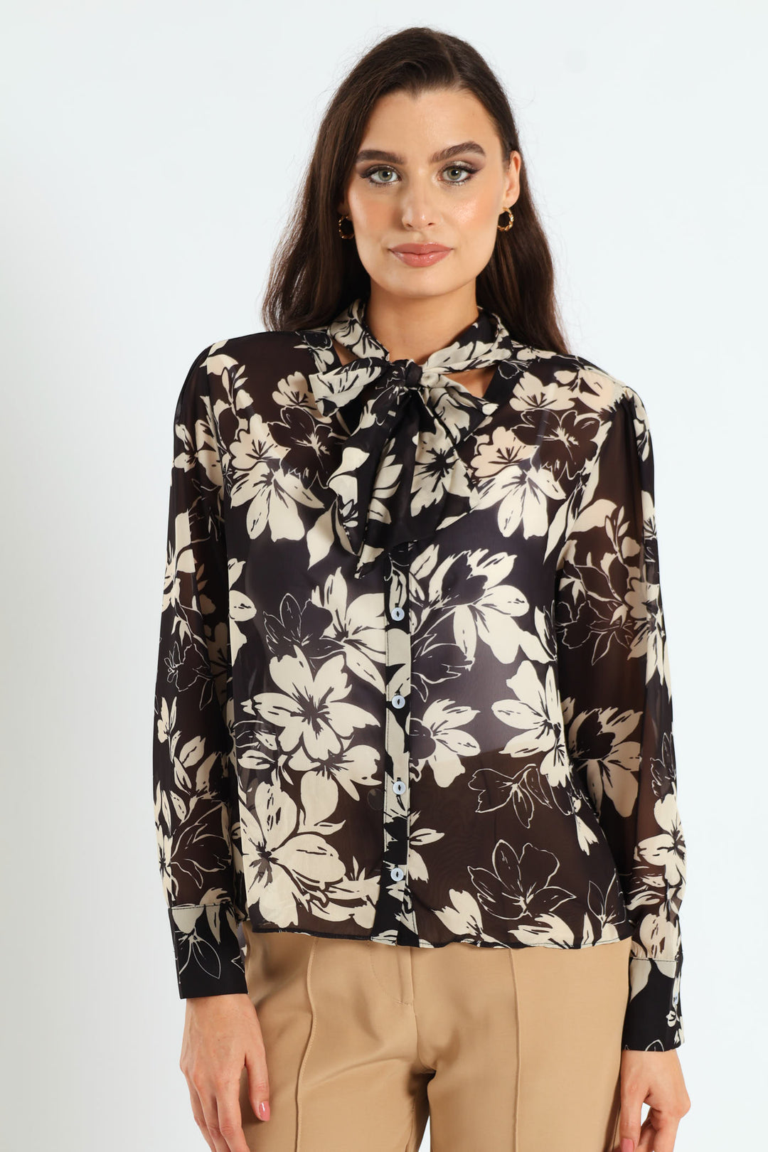 Kitty Bow Monochrome Floral Blouse - Black/Cream