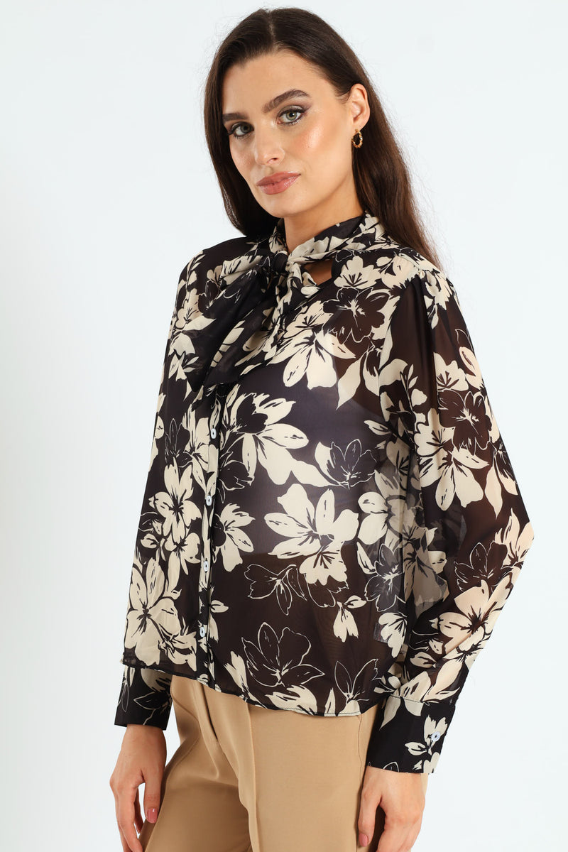 Kitty Bow Monochrome Floral Blouse - Black/Cream