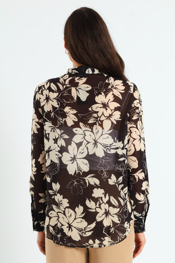 Kitty Bow Monochrome Floral Blouse - Black/Cream