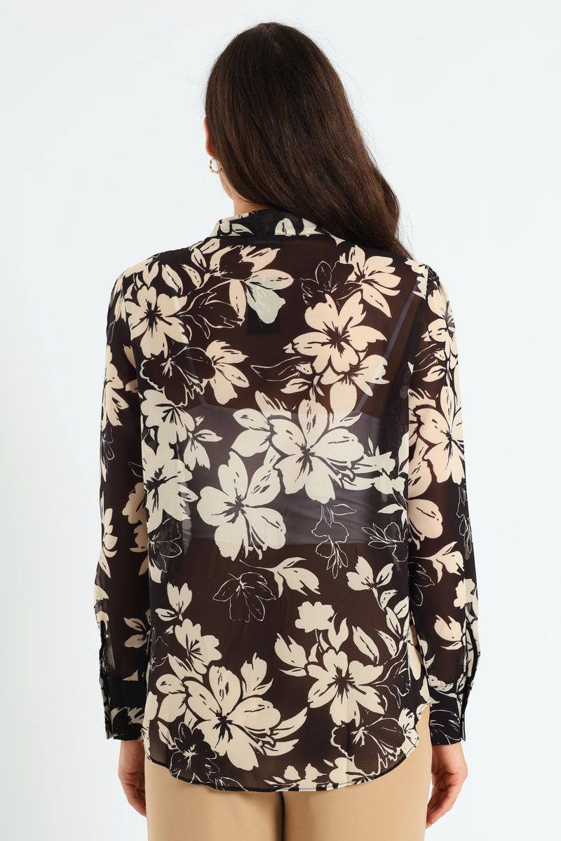 Kitty Bow Monochrome Floral Blouse - Black/Cream