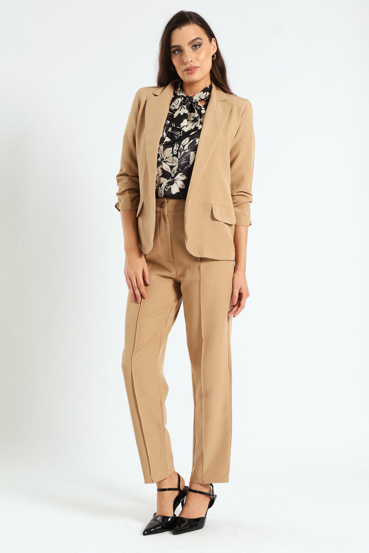 Ruched Sleeve Pocket Flap Blazer - Latte