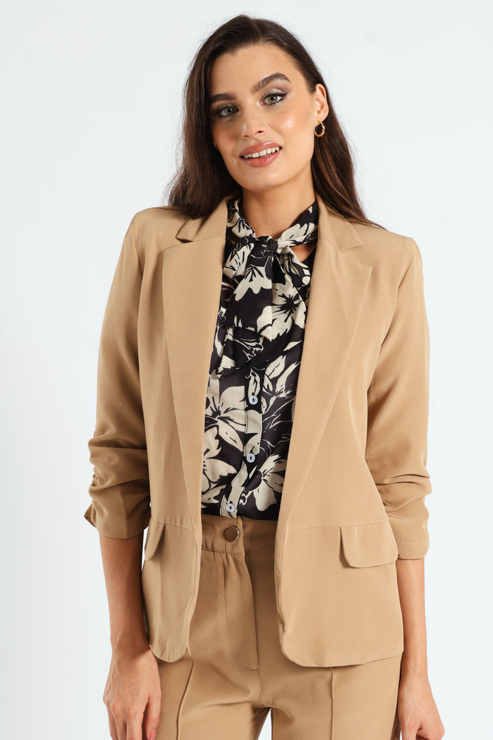 Ruched Sleeve Pocket Flap Blazer - Latte