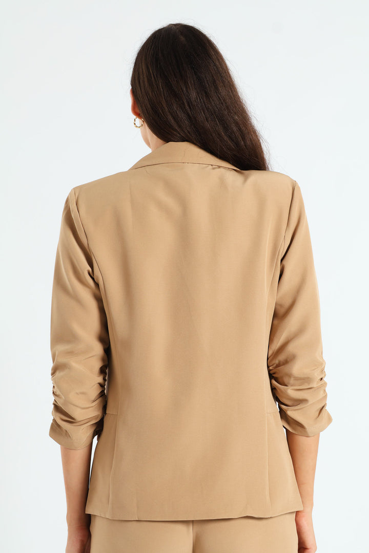 Ruched Sleeve Pocket Flap Blazer - Latte