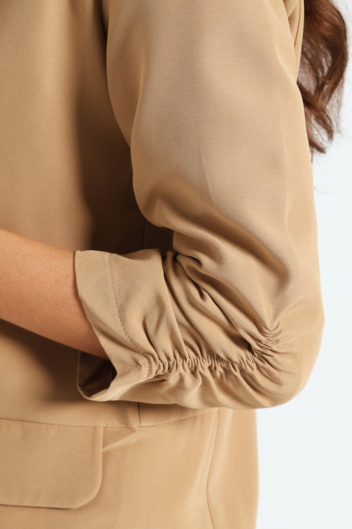 Ruched Sleeve Pocket Flap Blazer - Latte