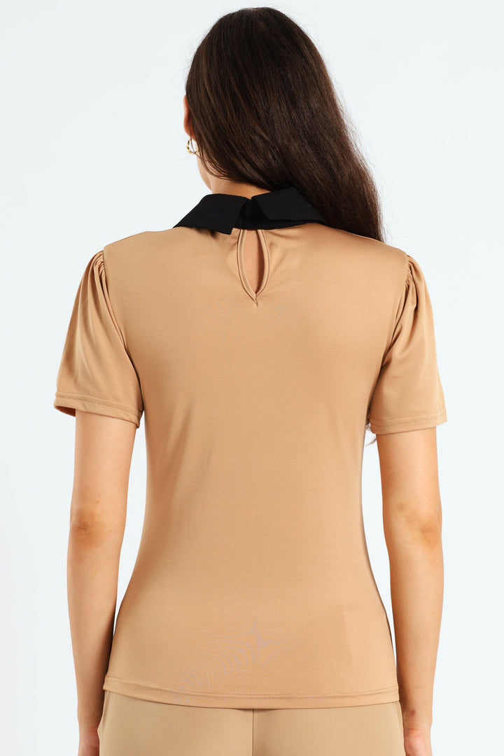 Peter Pan Preppy Tie Up Blouse - Taupe