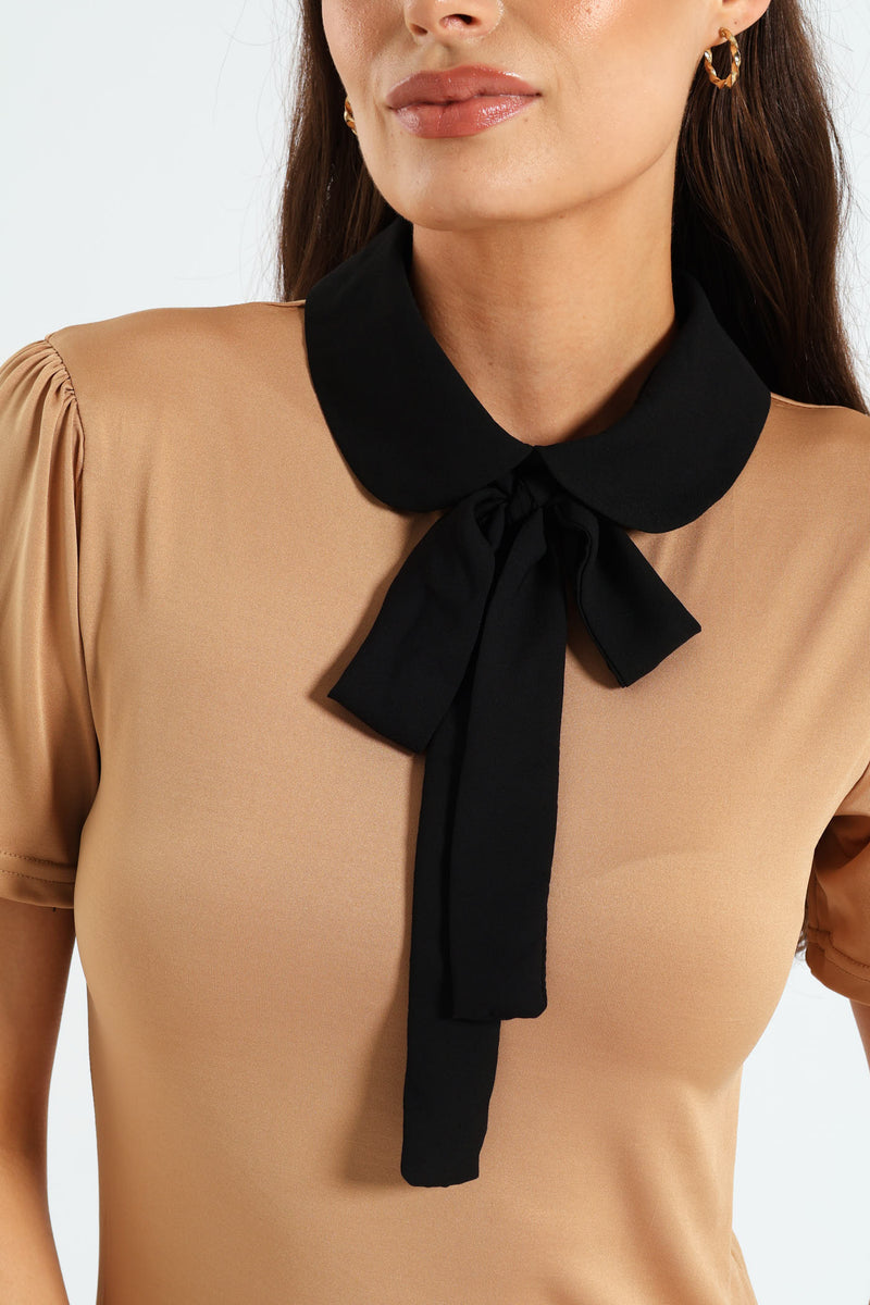 Peter Pan Preppy Tie Up Blouse - Taupe