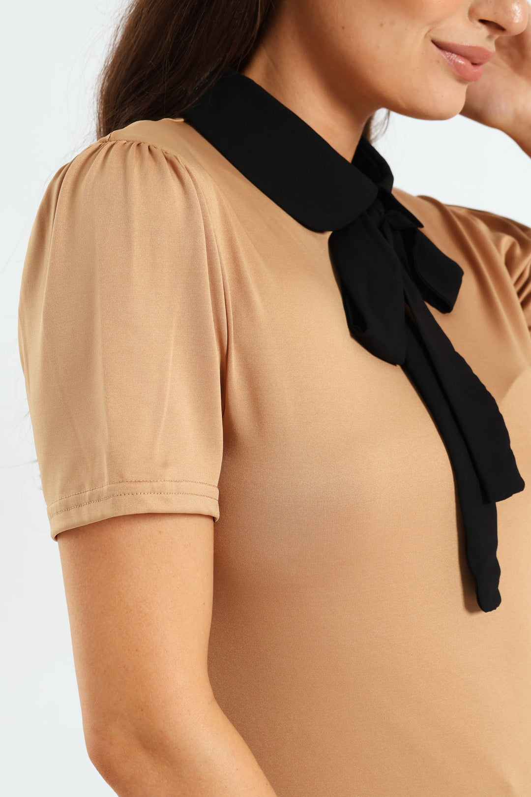 Peter Pan Preppy Tie Up Blouse - Taupe