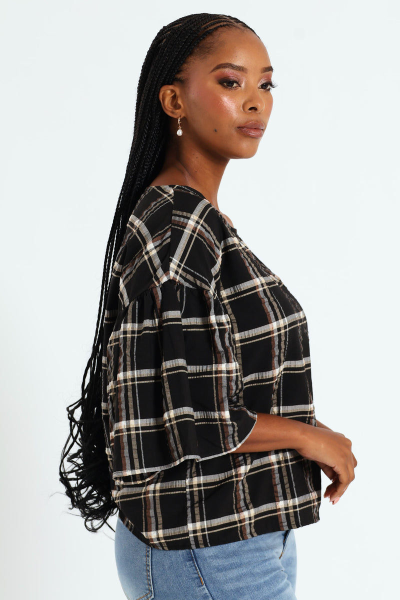 Oversized Frill Sleeve Boxy Top - Black/Beige