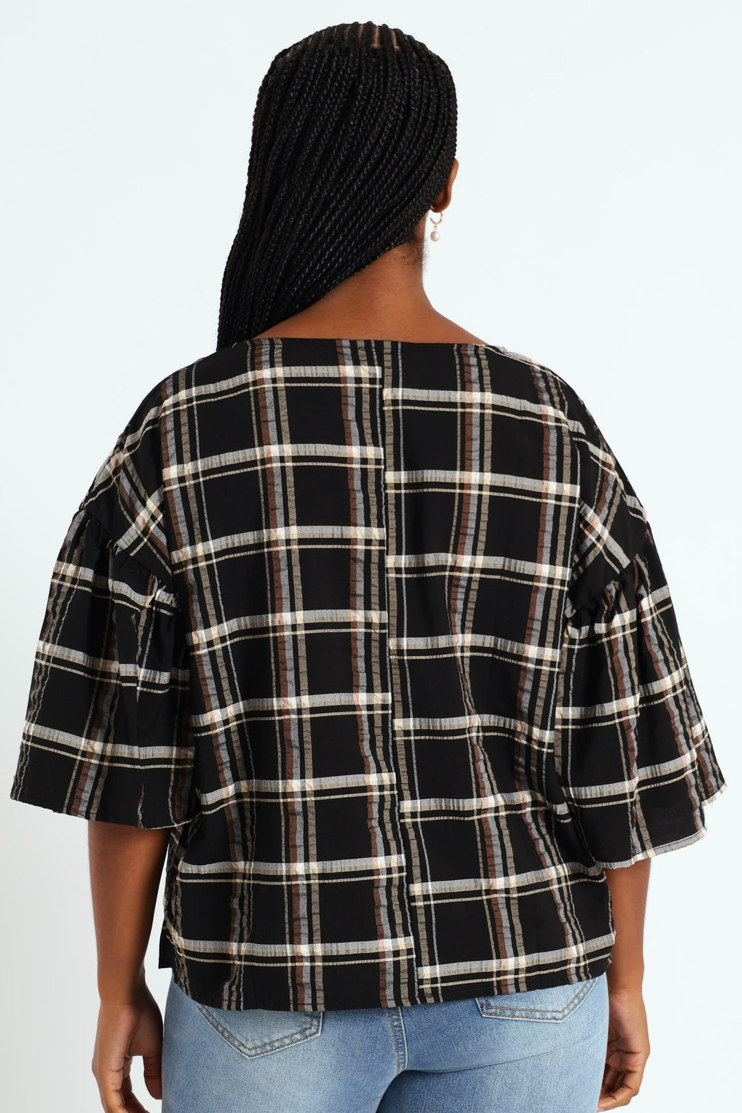 Oversized Frill Sleeve Boxy Top - Black/Beige