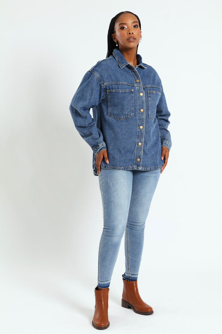Curved Hem Denim Shacket - Dark Wash Ink
