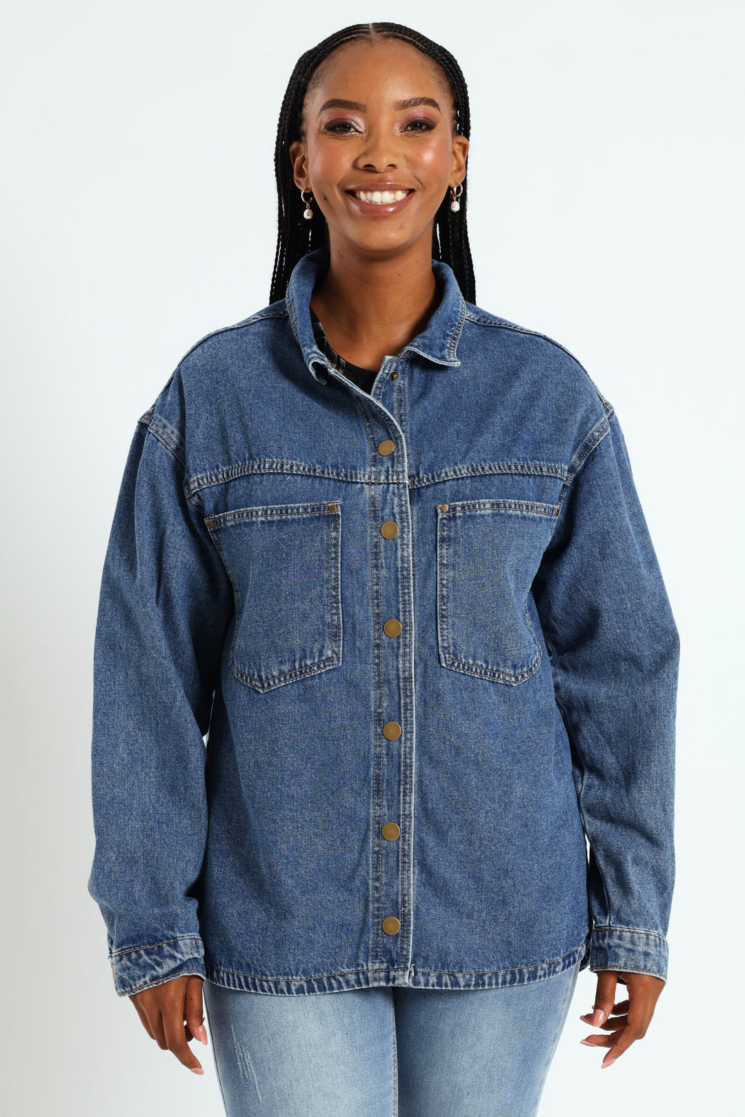 Curved Hem Denim Shacket - Dark Wash Ink