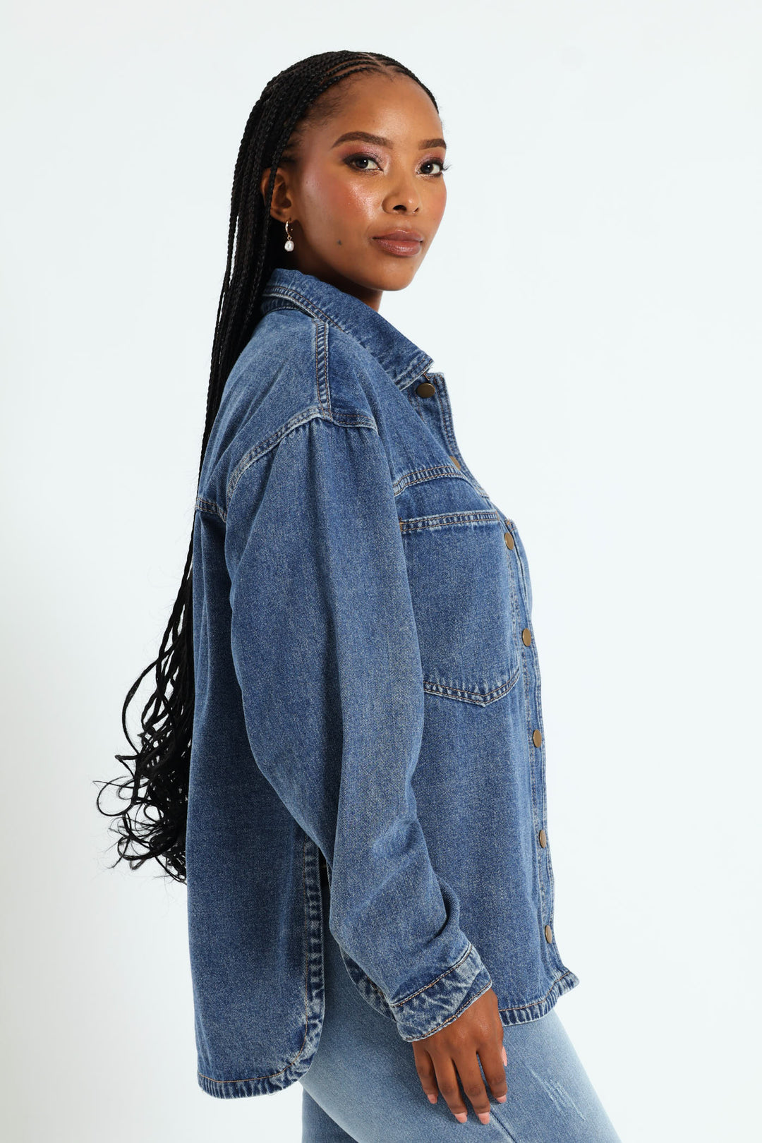 Curved Hem Denim Shacket - Dark Wash Ink