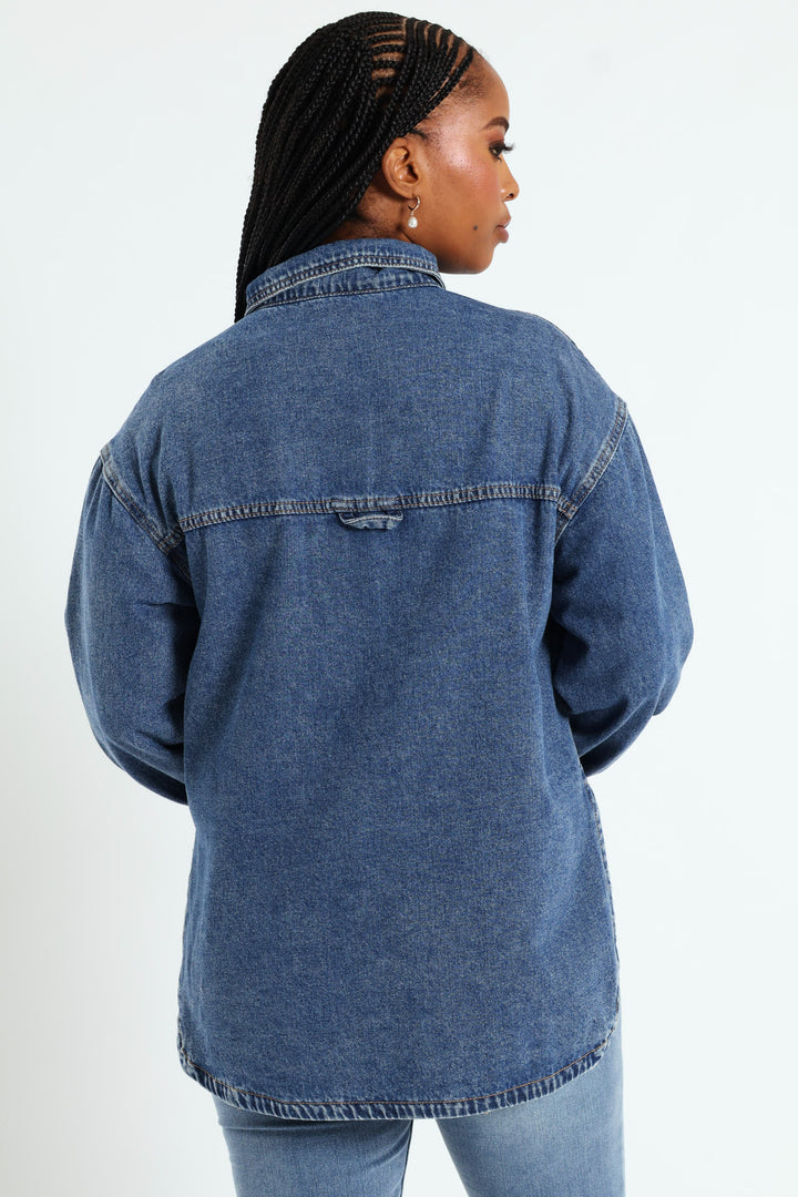 Curved Hem Denim Shacket - Dark Wash Ink