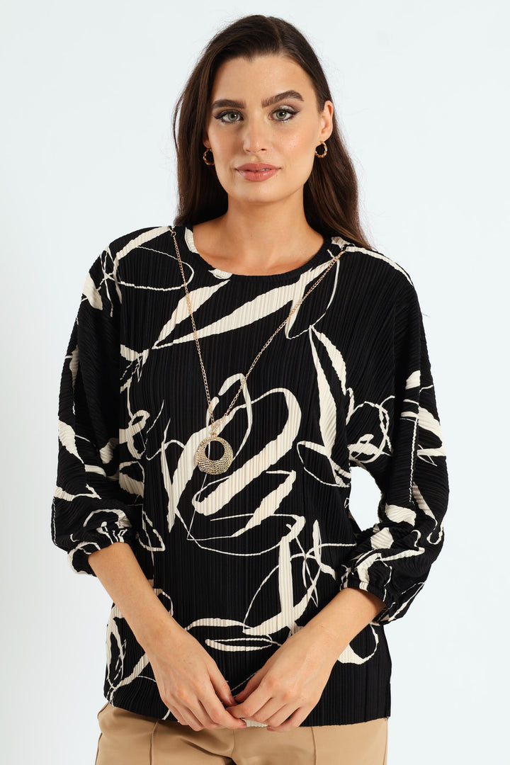Monochrome Plisse Blouse - Black