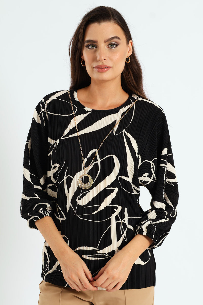Monochrome Plisse Blouse - Black