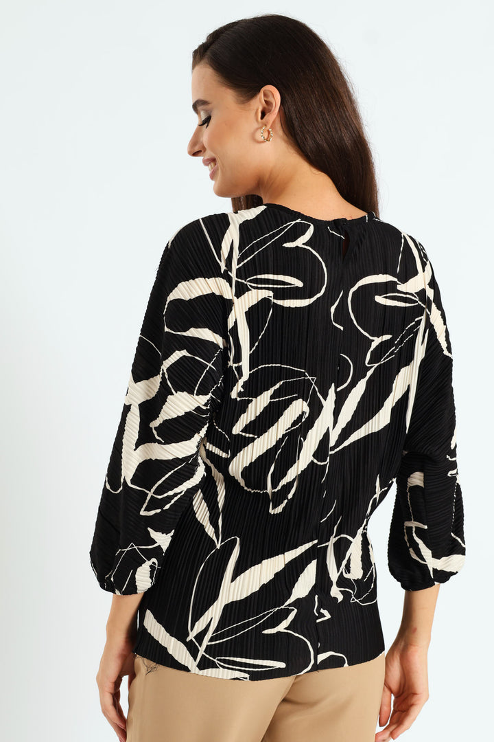 Monochrome Plisse Blouse - Black